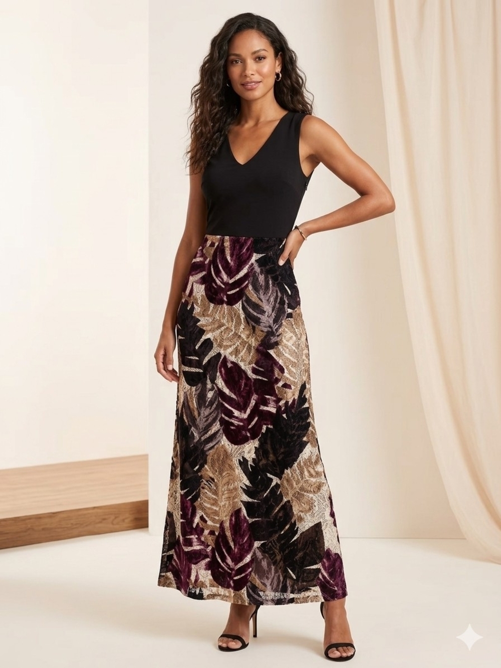 NWT Le Chateau Sleeveless V-Neck Maxi Dress Gold Leaf Print Dressy Casual Chic